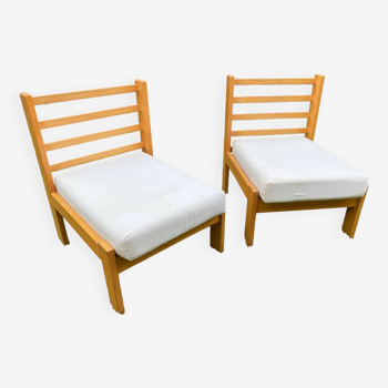 Pair of ecru cotton chalet style armchairs circa 1960