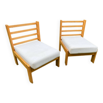 Pair of ecru cotton chalet style armchairs circa 1960