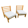 Pair of ecru cotton chalet style armchairs circa 1960