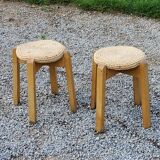 Pair of Scandinavian birch and sea rush stools from the 70s/80s