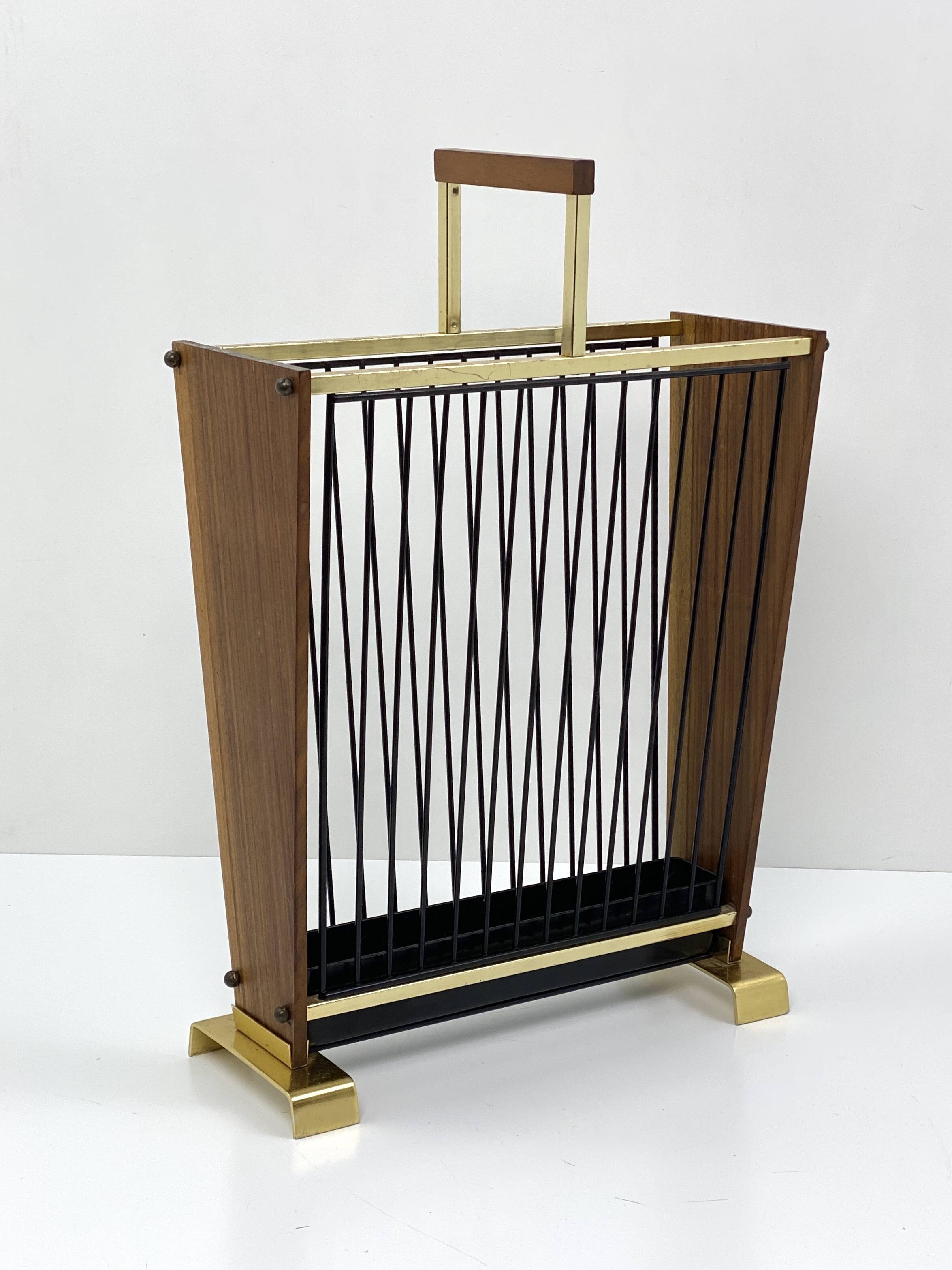 Vintage wooden umbrella stand, brass, 1960s design
