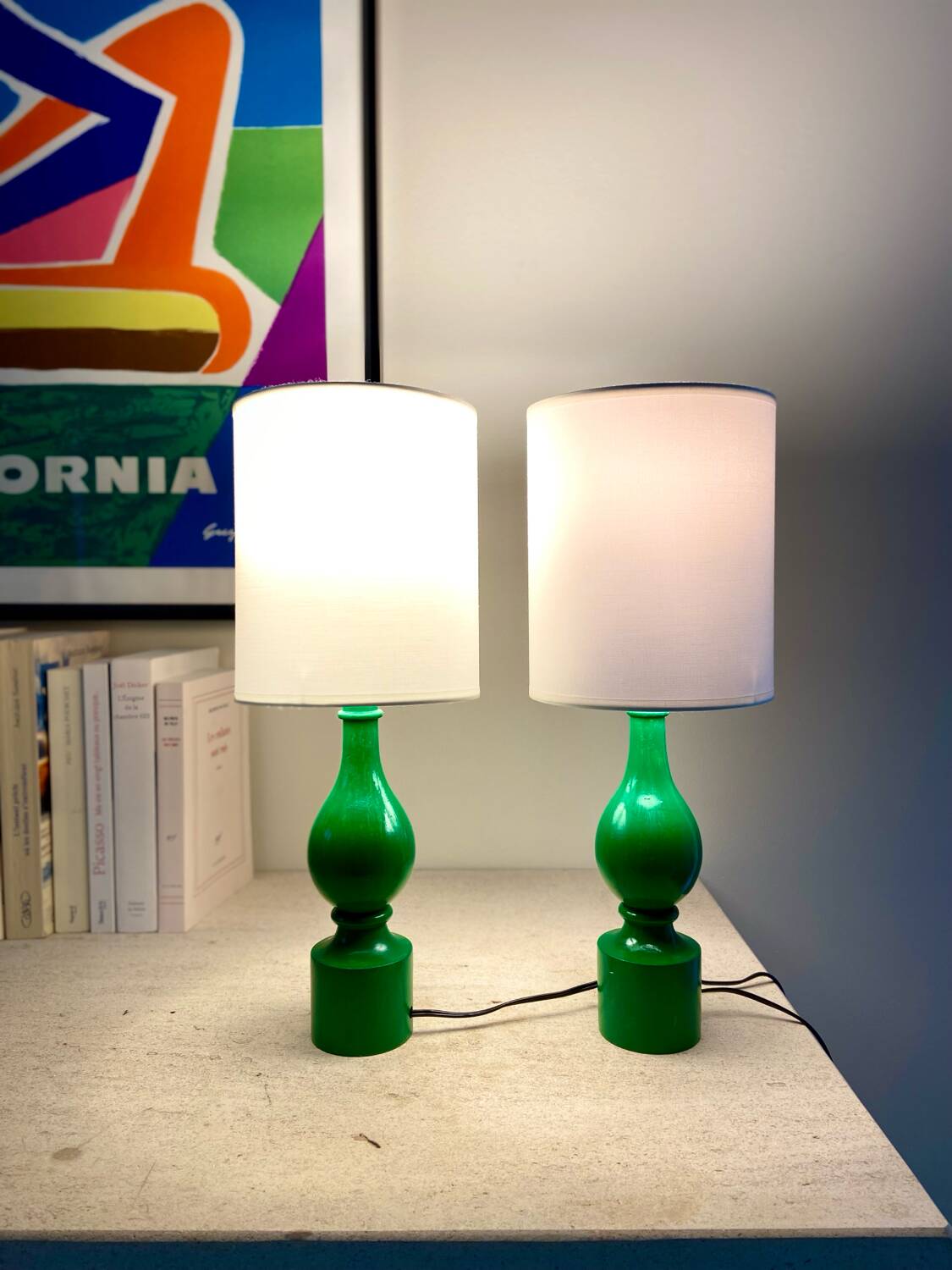 Pair of Philippe Capelle green turned wood bedside lamps - 1970.