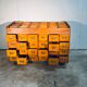Double-sided wooden industrial filing cabinet with 48 vintage drawers