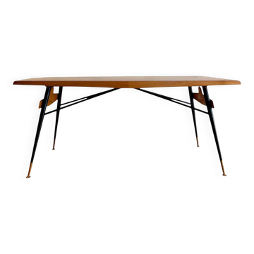 Original table by Ico Parisi with a structure of wood, metal, and stained glass.