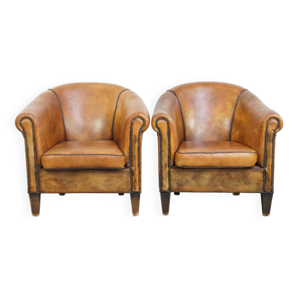 Set of 2 Vintage Sheepskin Leather Club Chairs