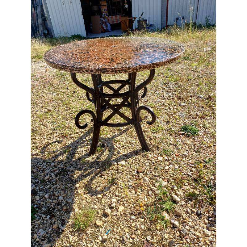 Vintage rattan table with reconstituted cement and stone top