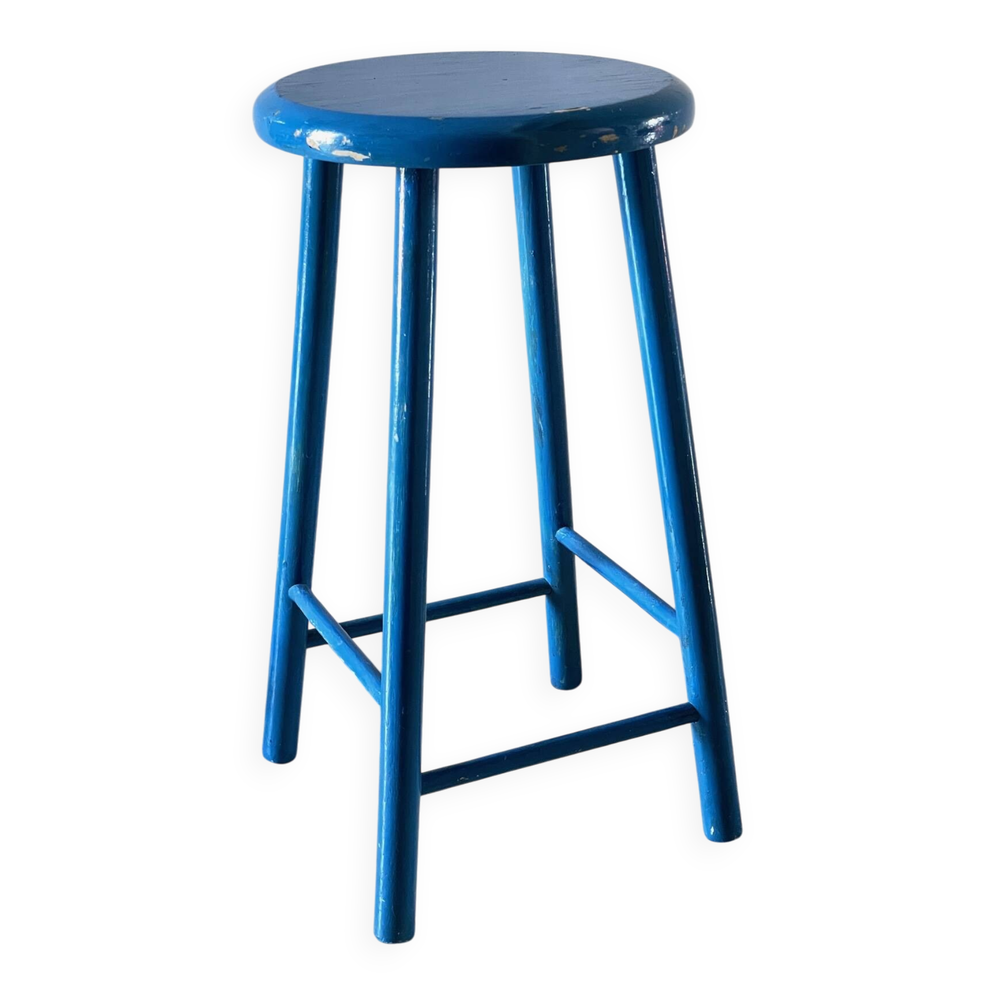 TABOURET Vintage Bois BLEU Electrique