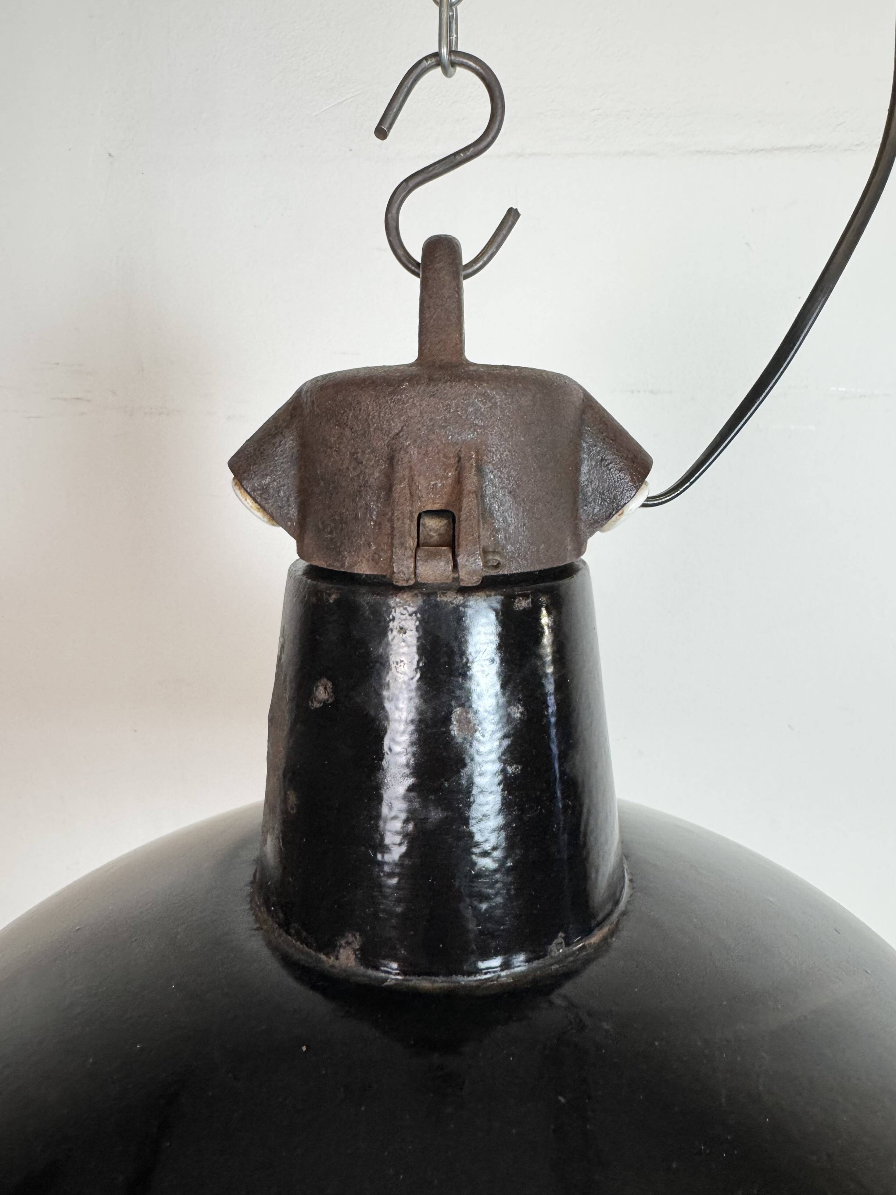 Industrial Black Enamel Factory Lamp with Cast Iron Top, 1950s