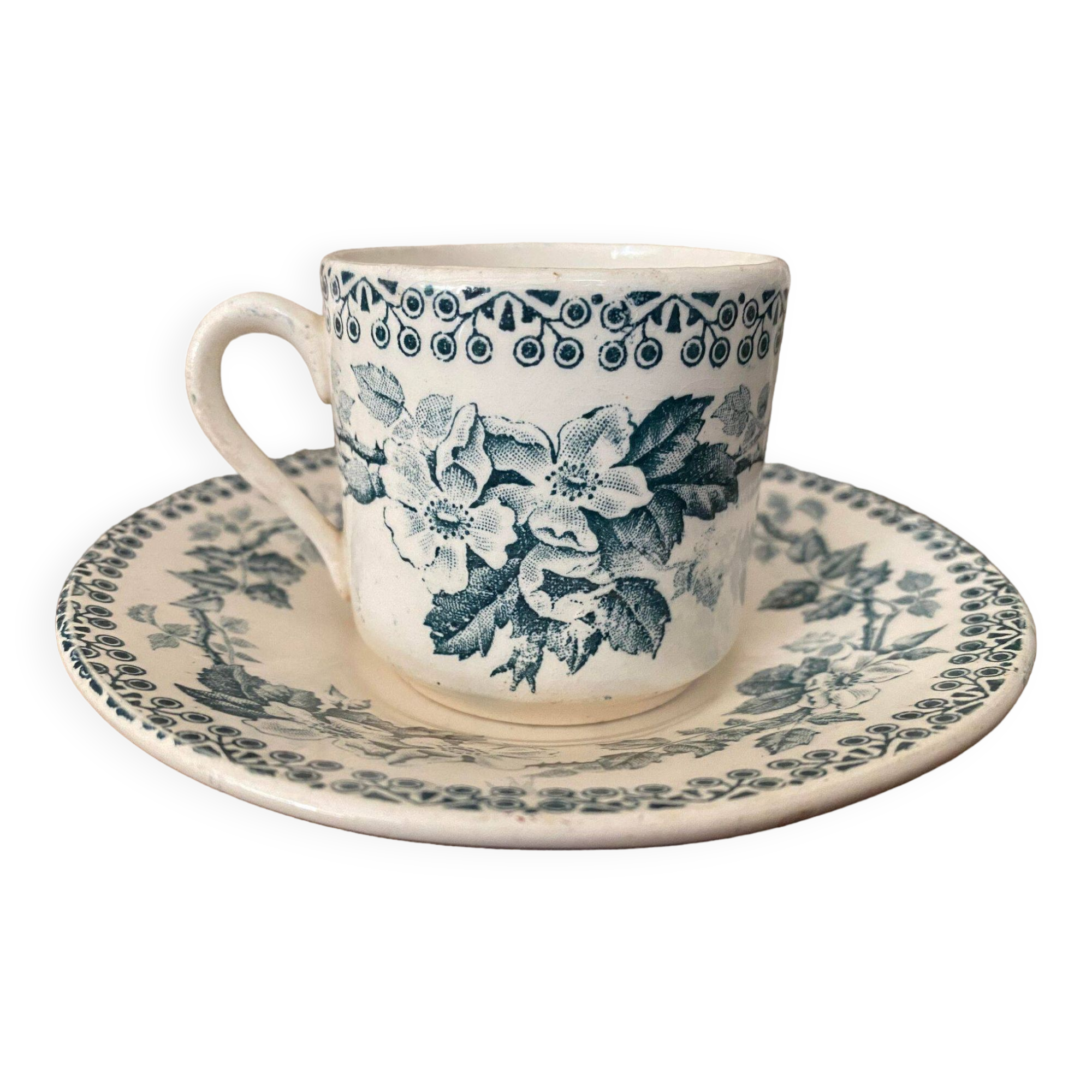 Cup and saucer old Iron earth stamped H.B.C.M Guadeloupe decoration flowers blue-green