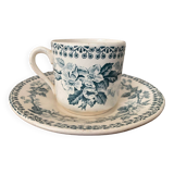 Cup and saucer old Iron earth stamped H.B.C.M Guadeloupe decoration flowers blue-green