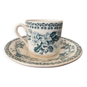 Cup and saucer old Iron earth stamped H.B.C.M Guadeloupe decoration flowers blue-green