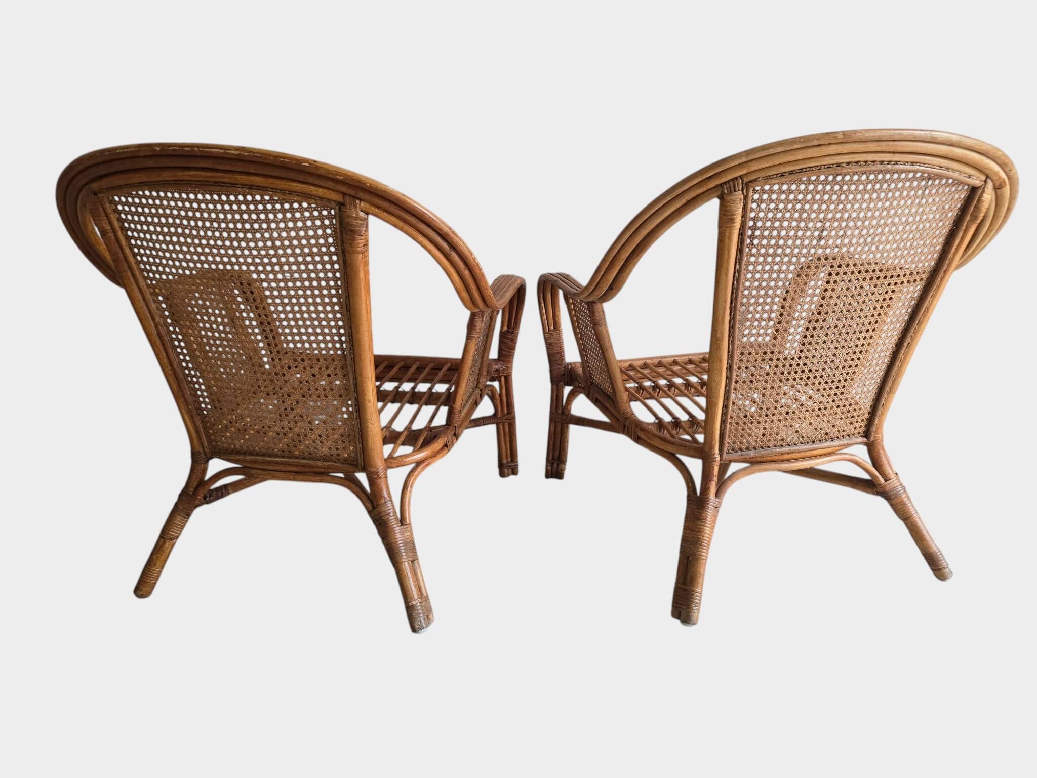Pair of vintage rattan and cane armchairs – 1960s/70s Pair of f