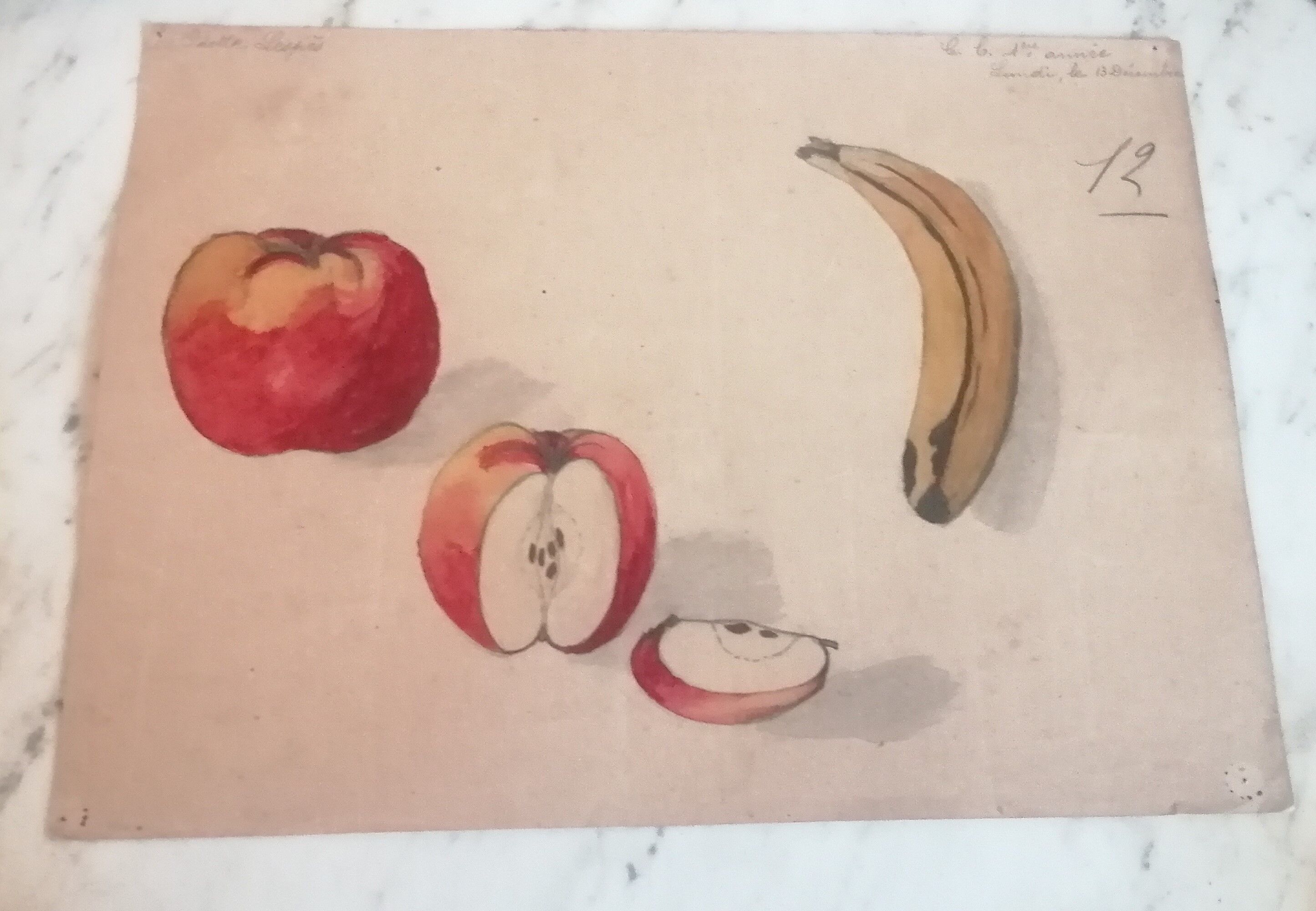 School drawing 20s "Apple, banana"