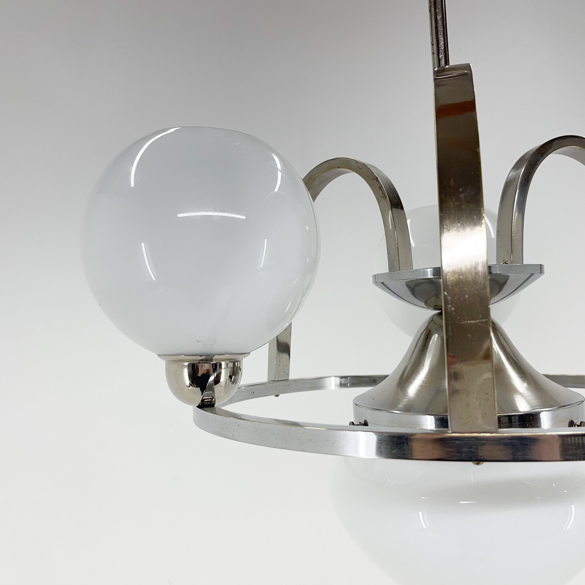 Art Deco Chrom & Milk Glass Chandelier, Restored, 1930's