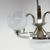 Lustre Art Déco en chrome et verre laiteux, restauré, années 1930