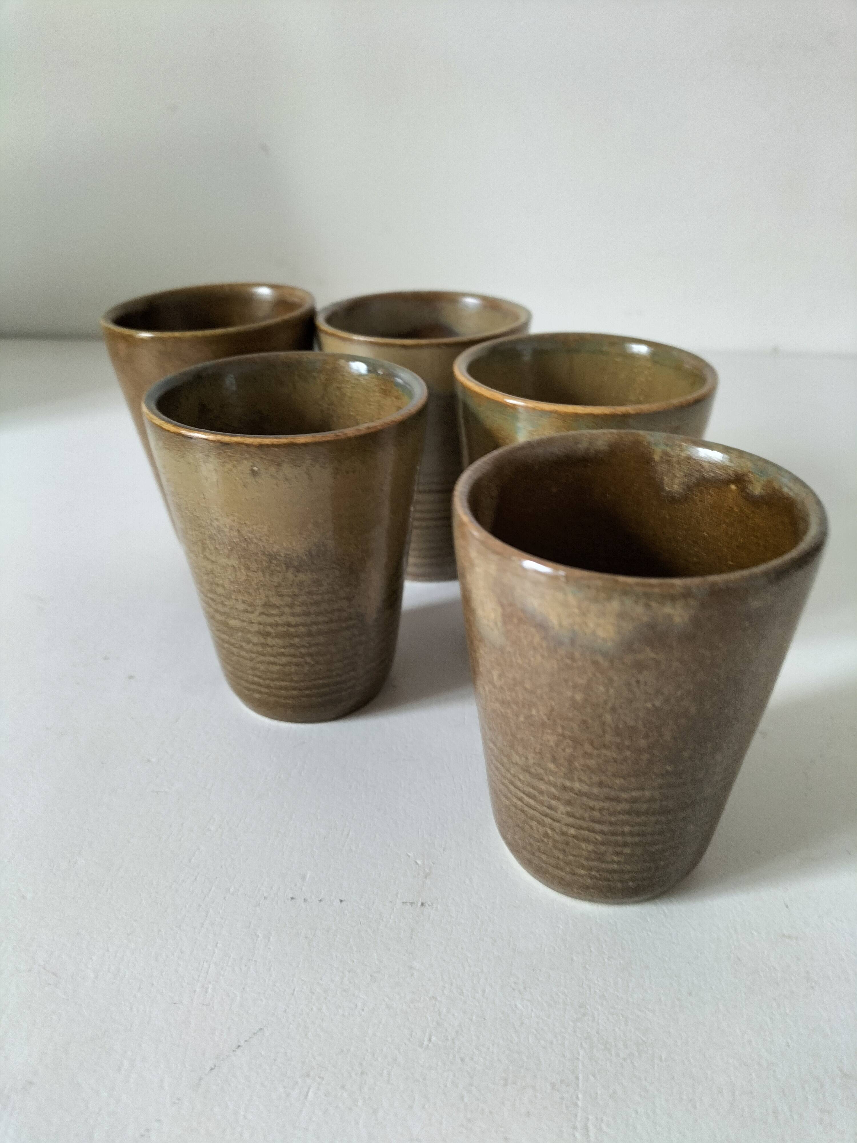 5 speckled stoneware cups from digoin (gp digoin) in brown, 1970s.