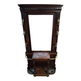 Napoleon III period coat rack in walnut with brass hooks