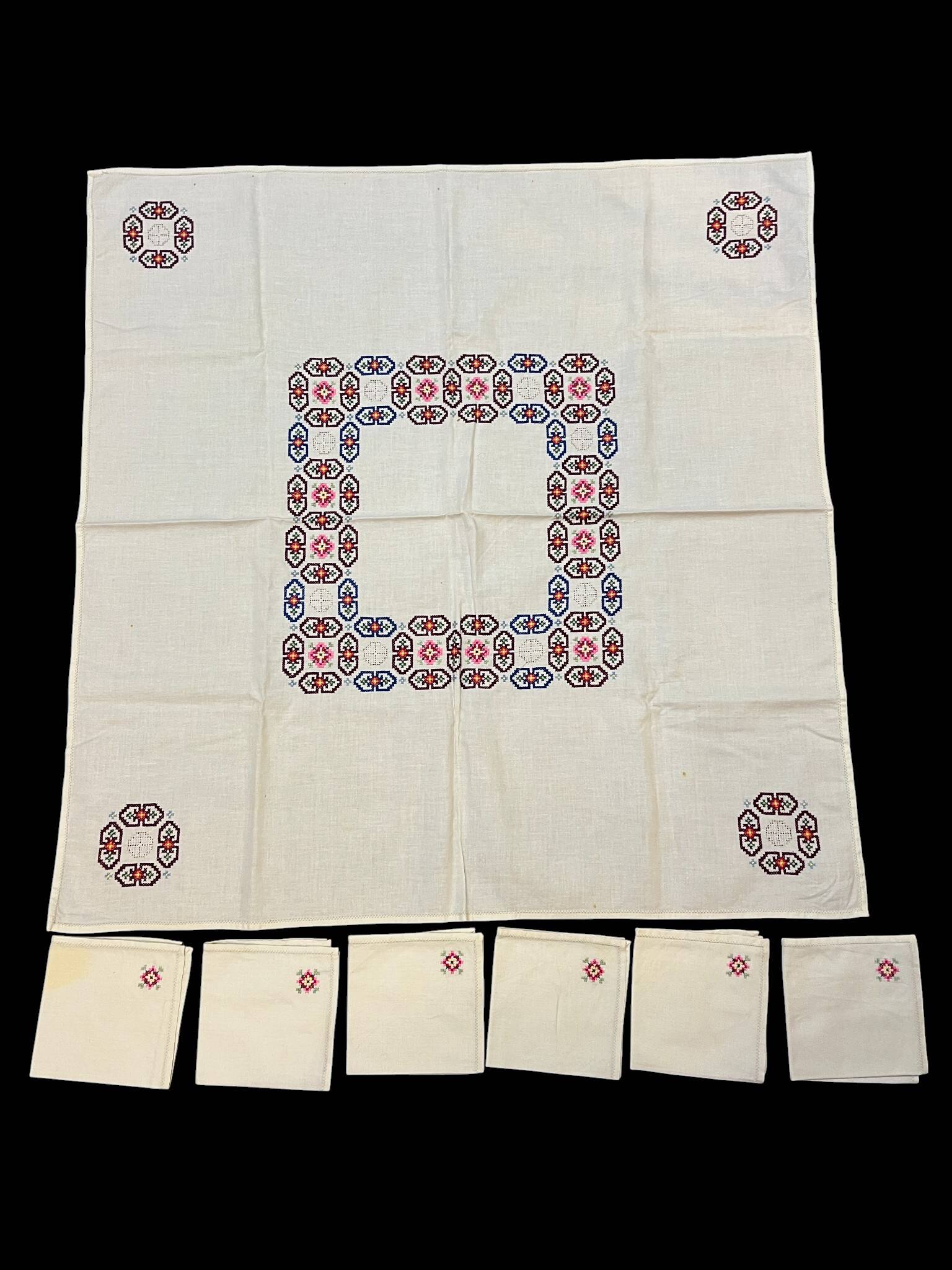 Household linen, embroidered tea tablecloth, 6 napkins, circa 1960