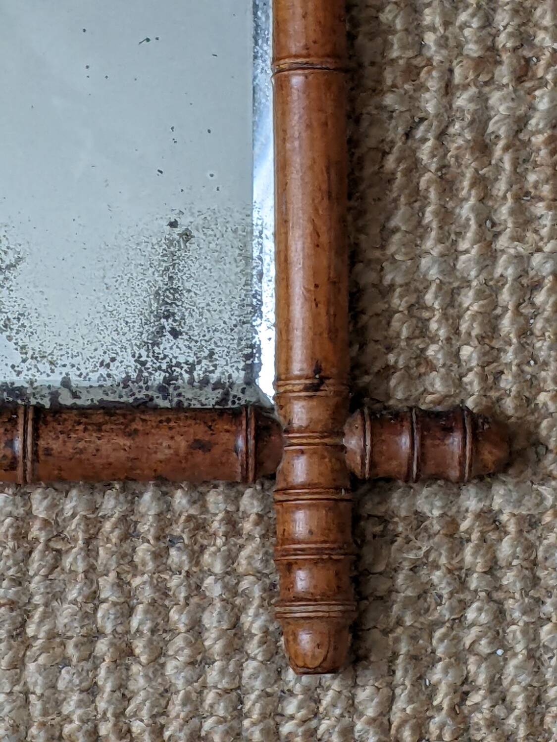 Wooden mirror in bamboo style, 1950s country decor.