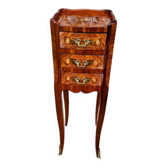 Old mini bedside table in rosewood marquetry and colorful floral decoration Louis XV style