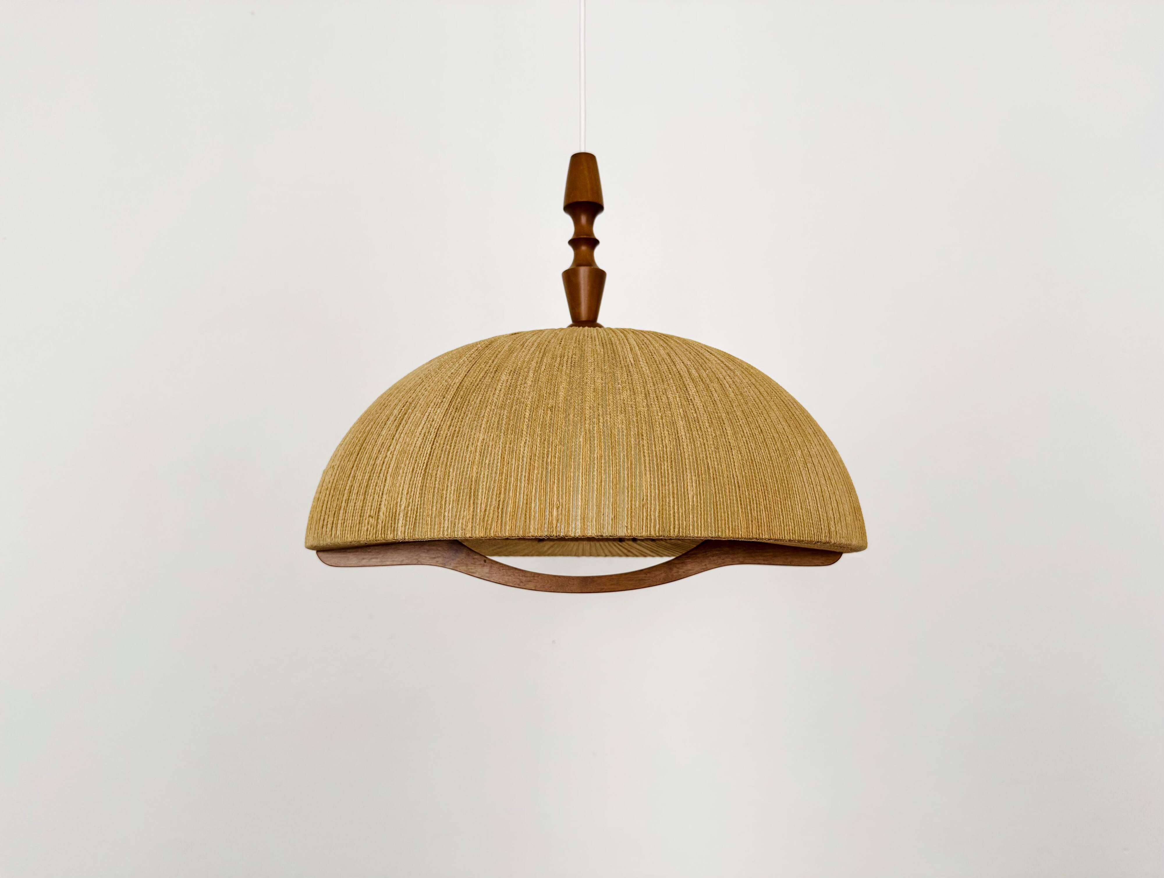 Teakwood and Raffia Bast Pendant Lamp by Temde