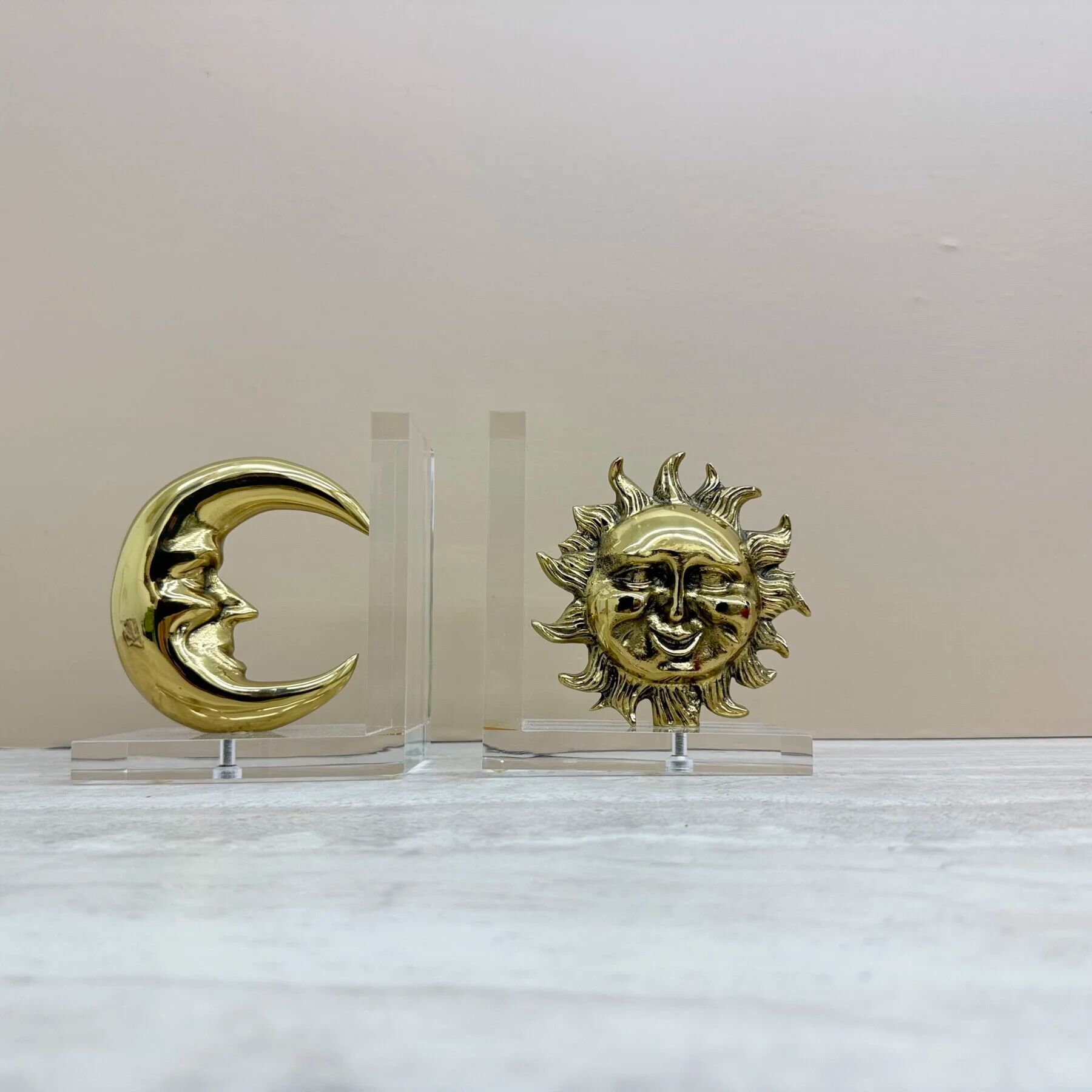 Vintage bookends sun and moon lucite and brass, 1970s