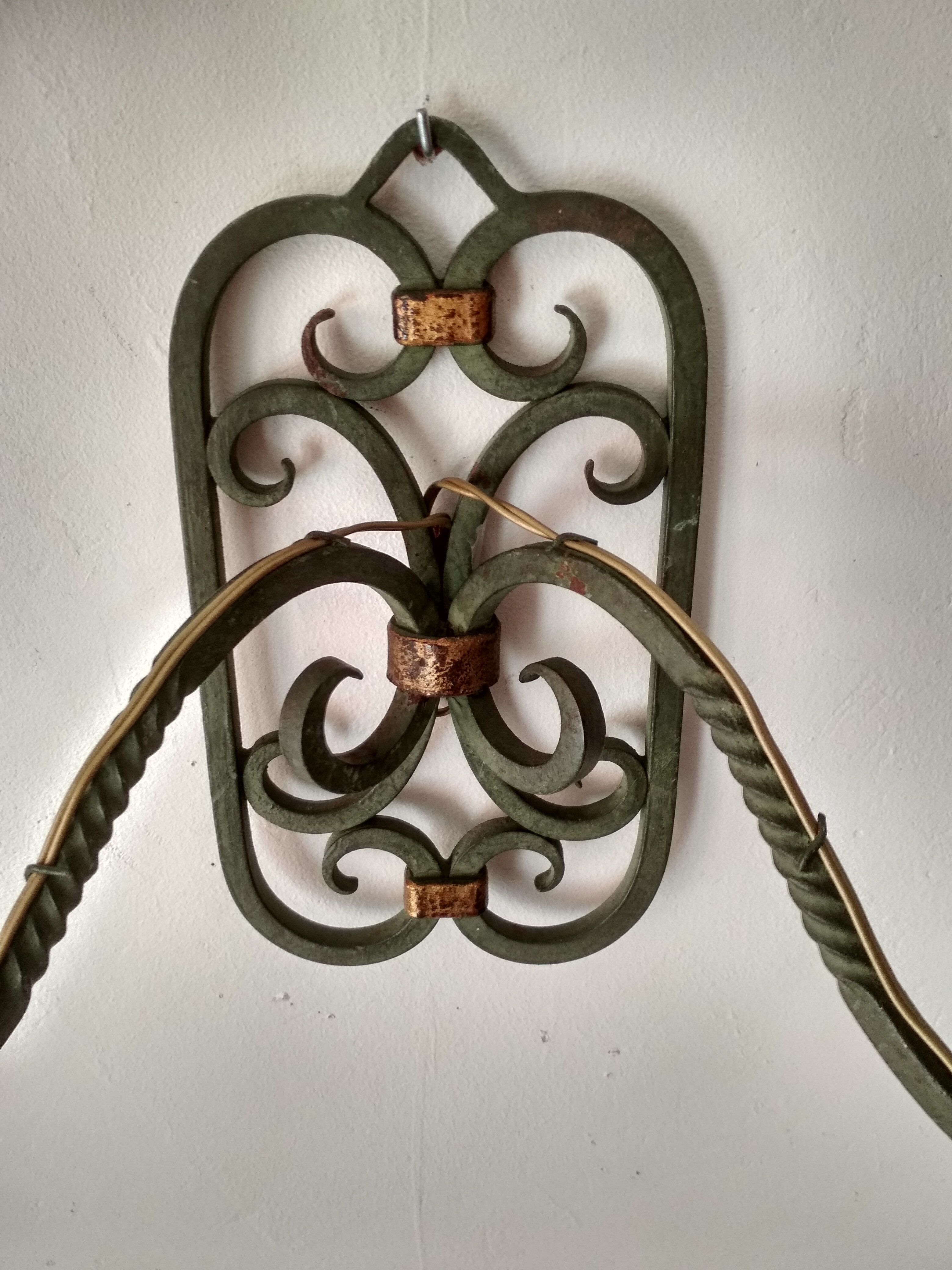 Pair of old wrought iron sconces patina green and gold - 2 lights