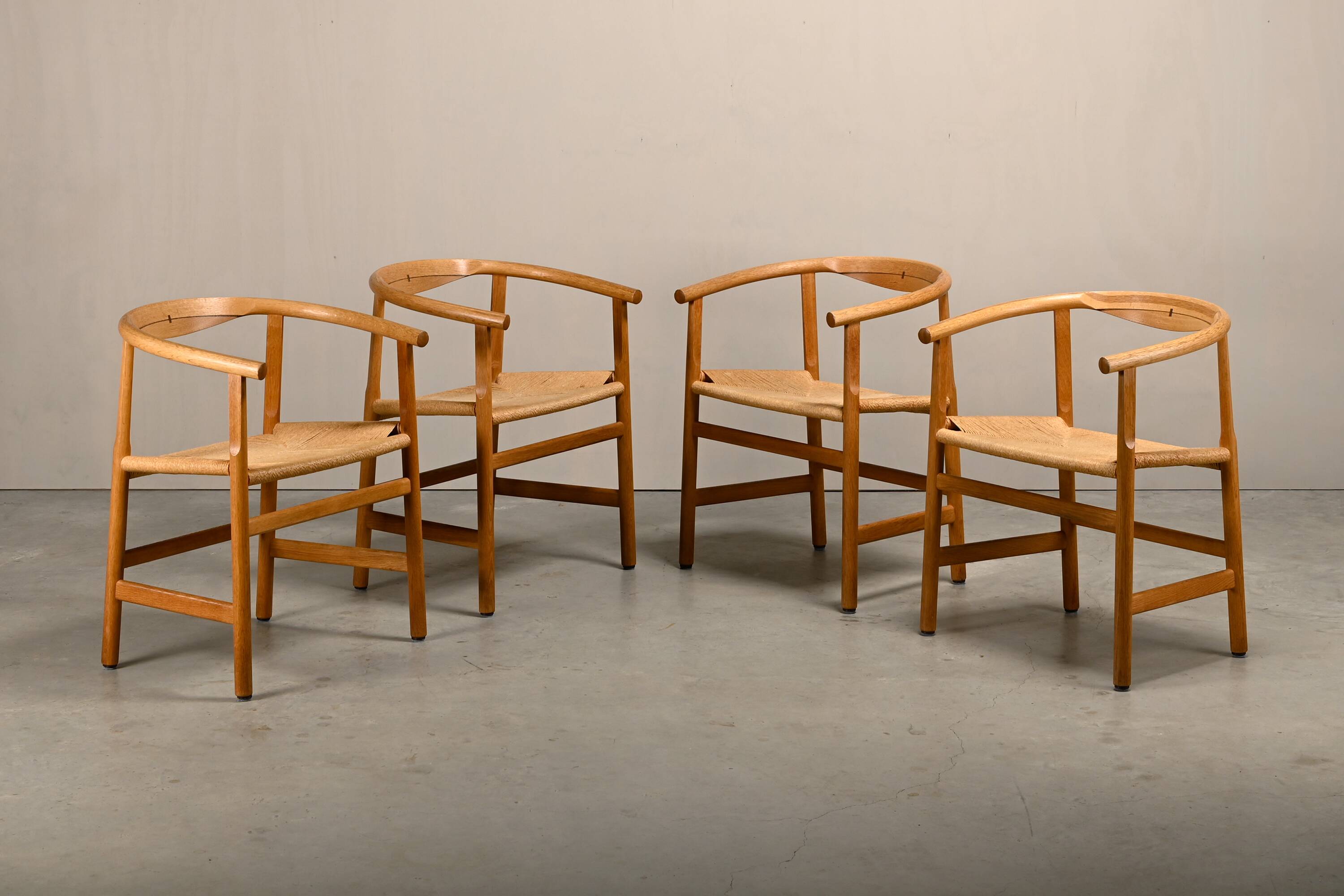 Hans J. Wegner Model PP201 Dining Chairs in Oak and Papercord, PP Møbler