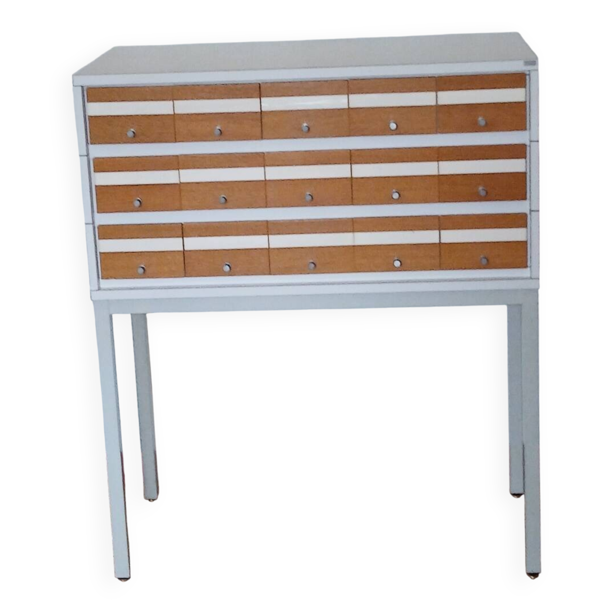 Borgeaud Design Industrial Furniture 70s - 15 Drawers - Metal & Oak Front