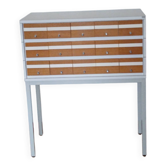 Borgeaud Design Industrial Furniture 70s - 15 Drawers - Metal & Oak Front