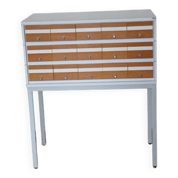 Borgeaud Design Industrial Furniture 70s - 15 Drawers - Metal & Oak Front