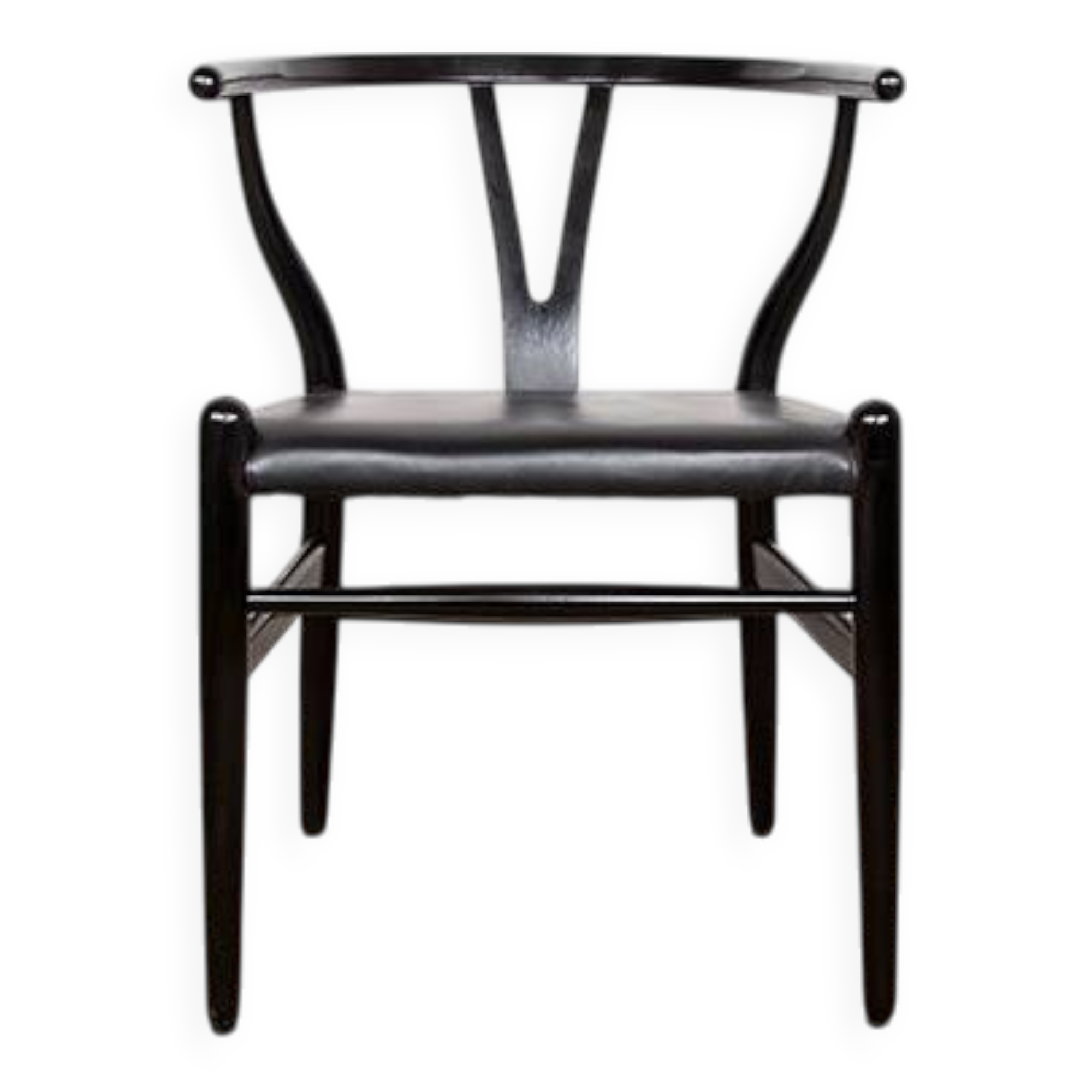 4 Danish chairs, black lacquered wood and leather, Wishbone model, Hans Wegner