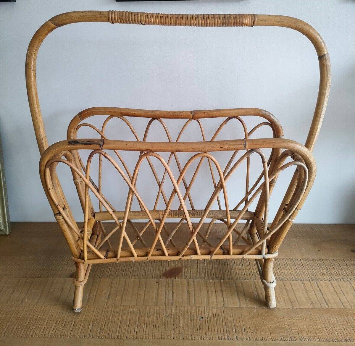 Large Rattan / Wicker Magazine Rack - Curved Shapes - Vintage - Old - 1960s