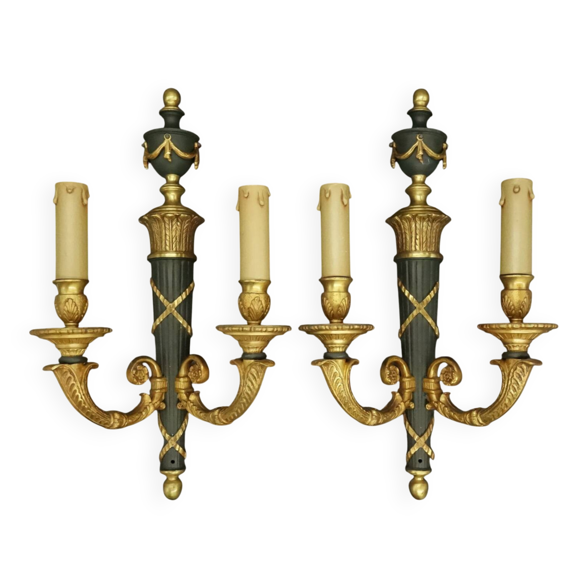 Pair of large Empire style quiver sconces - bronze / green patina