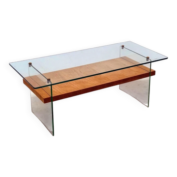 Coffee table by Robert Debiève in ash veneer, glass and brass, France 1950.