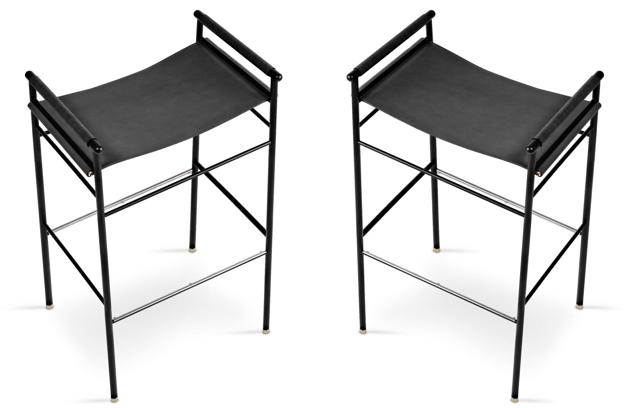 Pair of backless bar stools, black and black metal.
