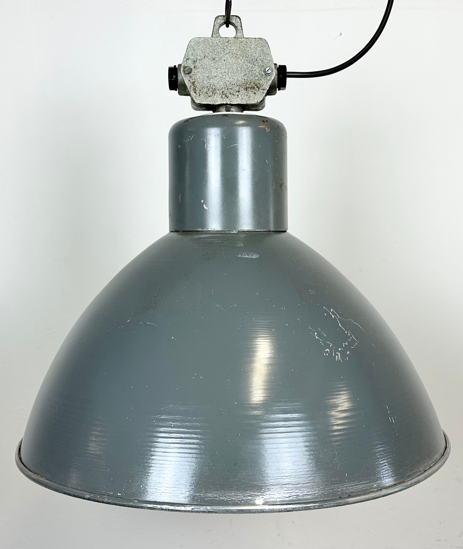 Grey industrial aluminium pendant lamp from polam wilkasy, 1960s