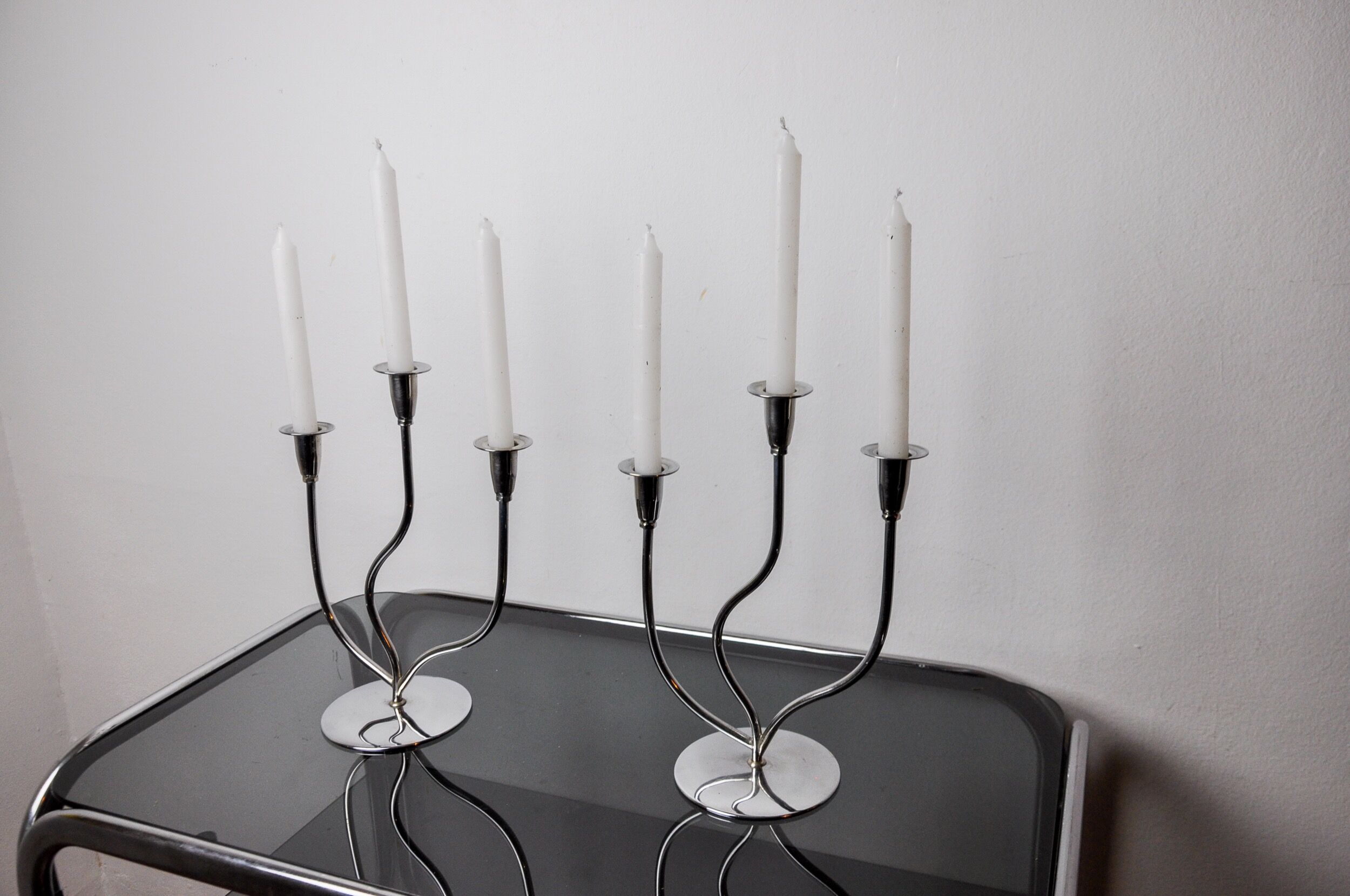 Pair of art deco candlesticks in stainless steel 3 flames, Spain, 1970