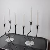 Pair of art deco candlesticks in stainless steel 3 flames, Spain, 1970