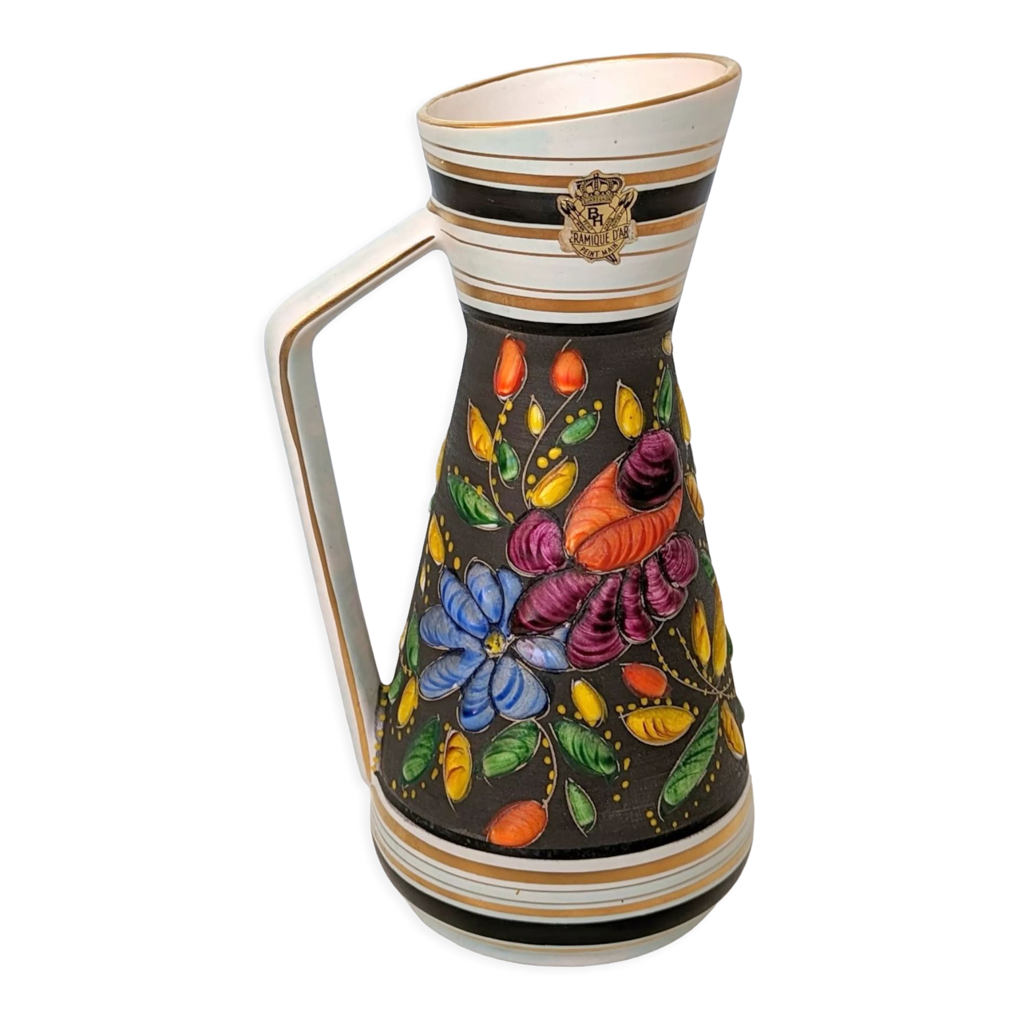 Vintage Henri Bequet Quaregnon hand painted ceramic vase (Belgium pottery 1960)