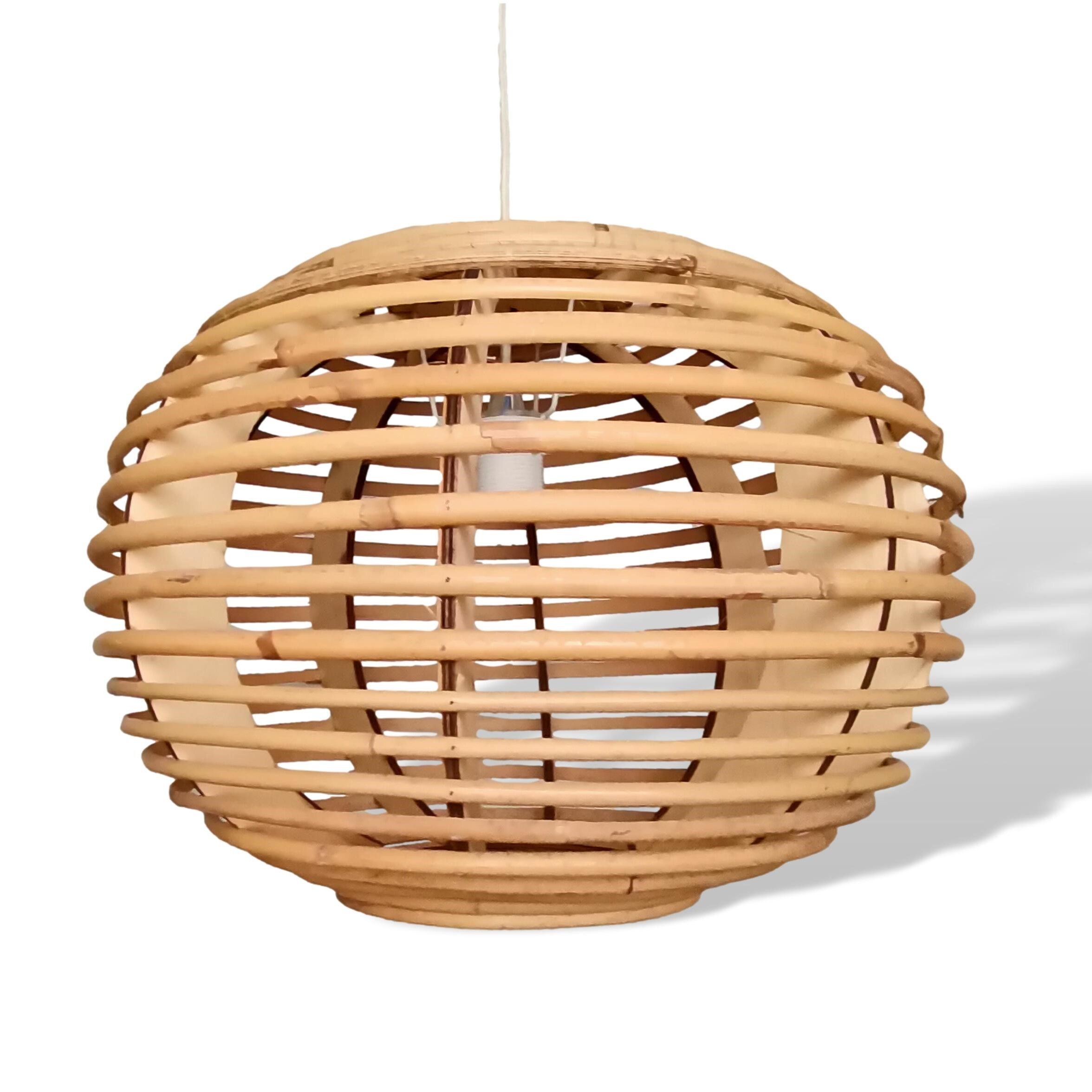 Portuguese mid century modern beige bamboo hanging lamp 1960s
