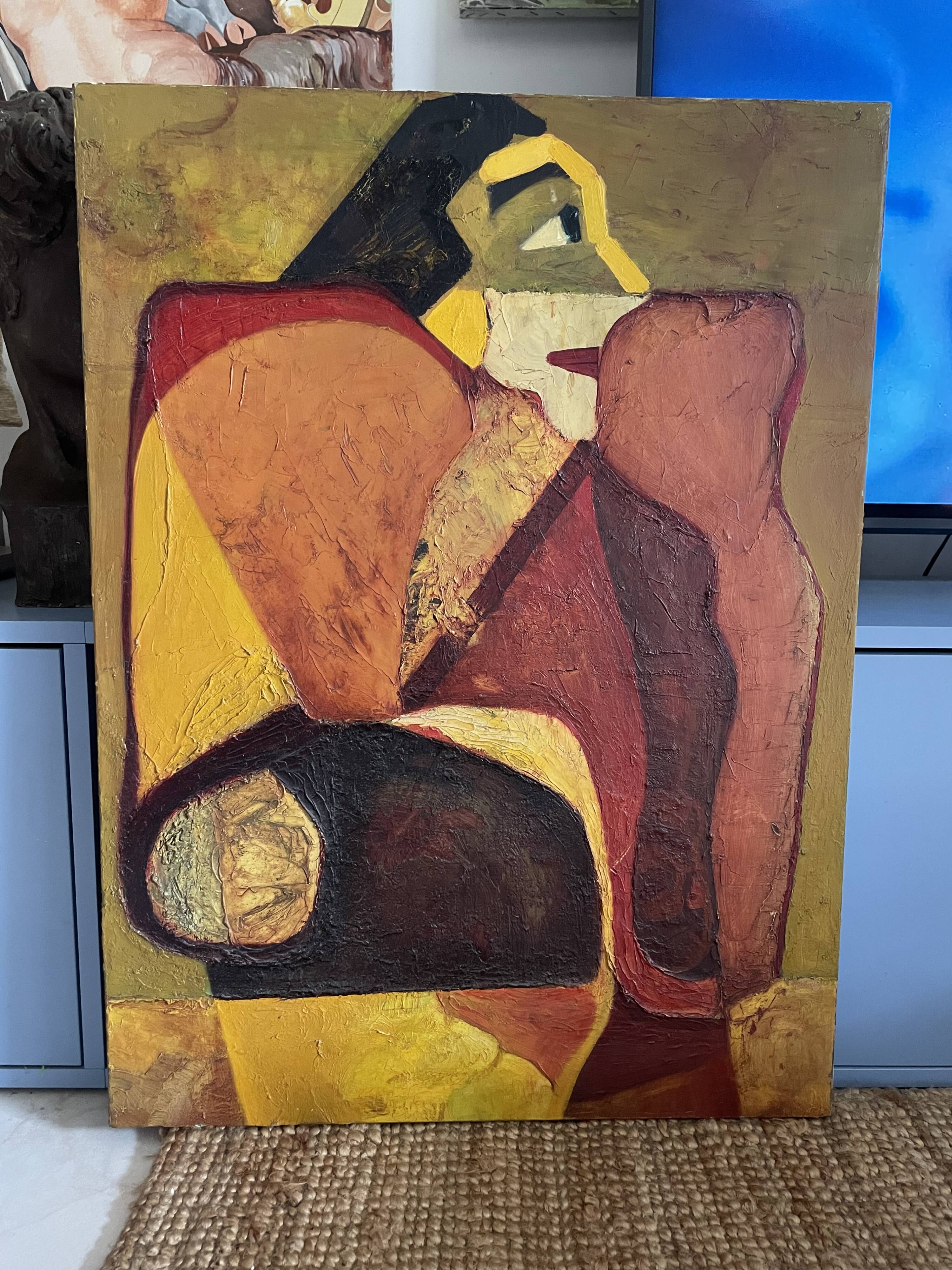 Large figurative oil painting from the 90s – Post-Cubist composition – French artist