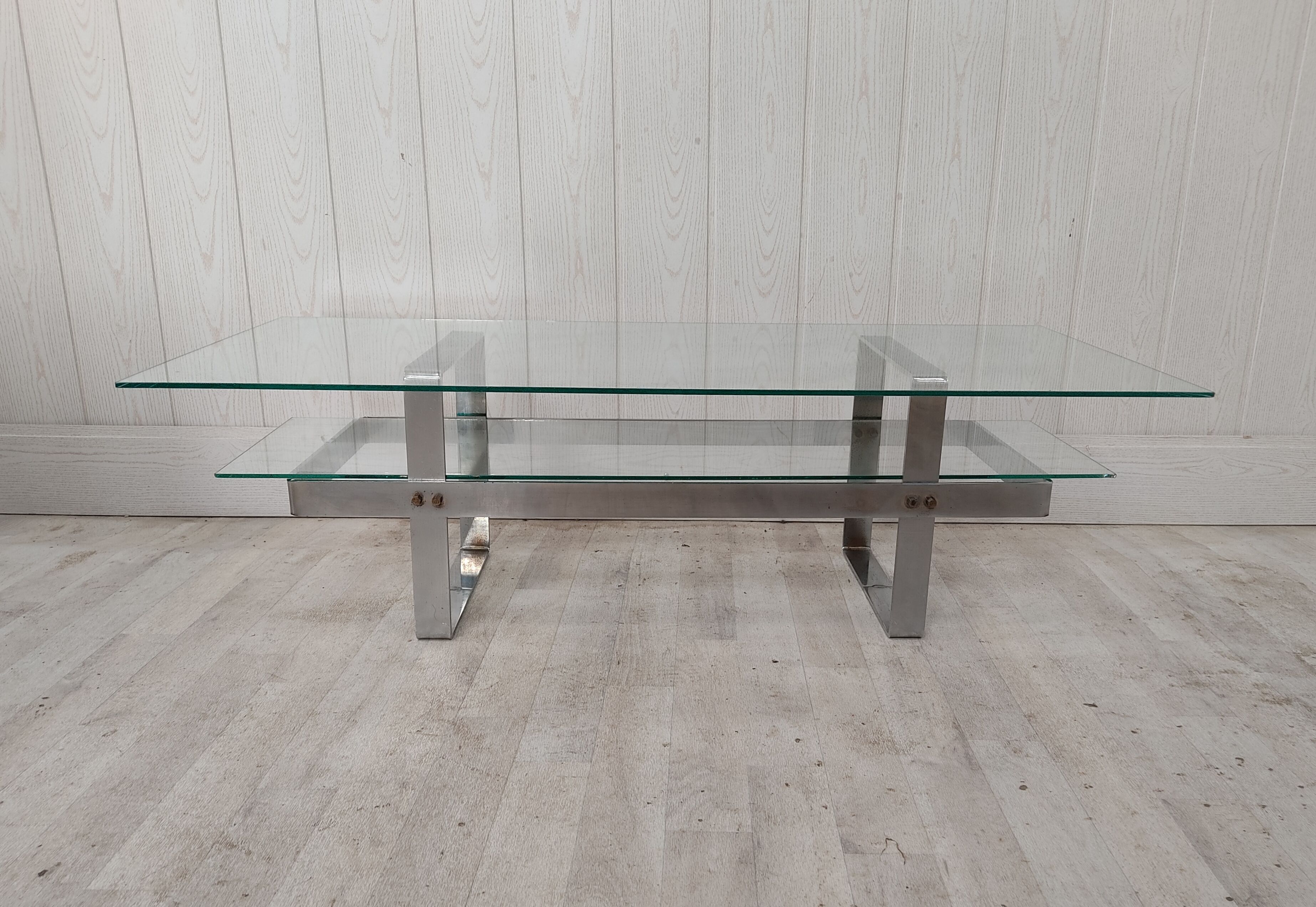 Table basse vintage acier chromé et verre