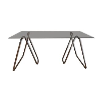 tubular steel trestle desk smoked glass circa 1970