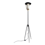 Lampadaire tripode en métal noir et doré et opaline blanche