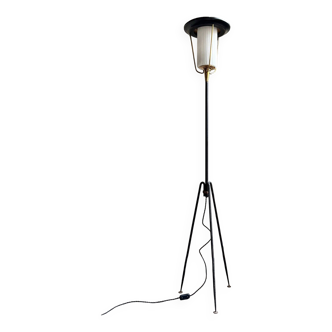Tripod floor lamp in black and gold metal and white opaline