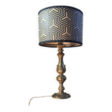 1960s neo-classical brass lamp with bamboo shade and geometric pattern.