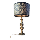 1960s neo-classical brass lamp with bamboo shade and geometric pattern.