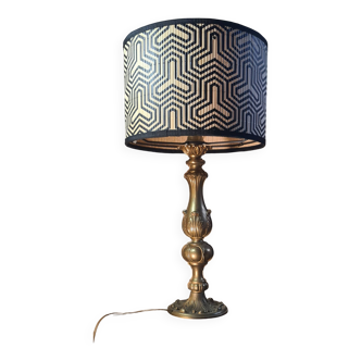 lampe laiton  1960 neo classique abat jour bambou  motif geometrique elec o