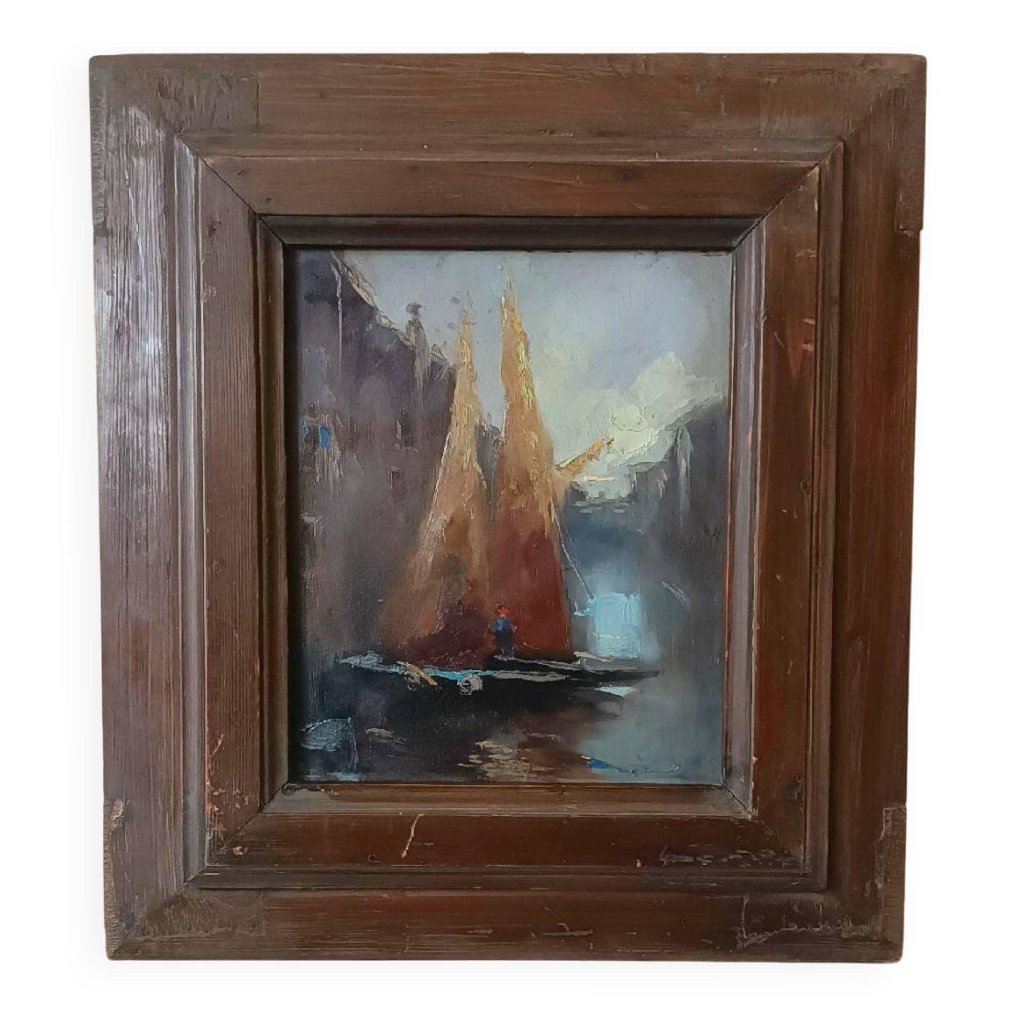 Old oil painting on panel, late 19th century - Boats - signed - Antique frame